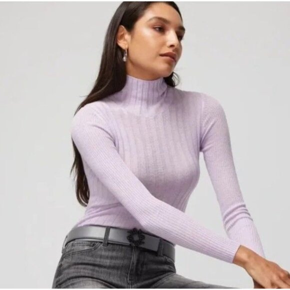 WHBM Mockneck Sweater Blue Cashmere Blend Size XS Fitted Layering Ribbed - Picture 2 of 7